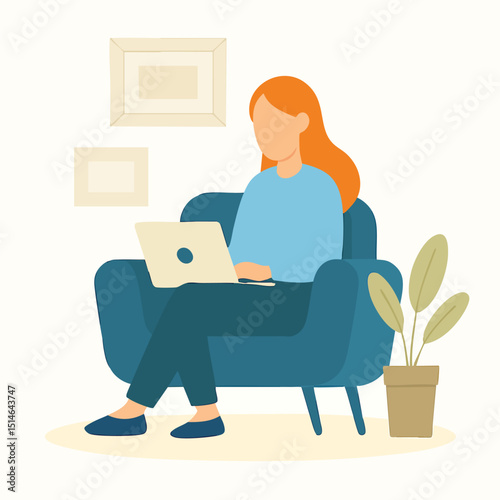 Minimalist Flat Illustration of Woman Working on Laptop in Armchair