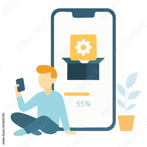 Flat Style Mobile Application Installation with Man Sitting Illustration