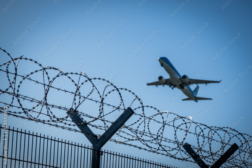 Fototapeta premium Hamburg, Deutschland, 3.5.2025 - Absperrung mit Stacheldraht bzw. Nato-Draht vor Flugzeug beim Start am Hamburger Flughafen