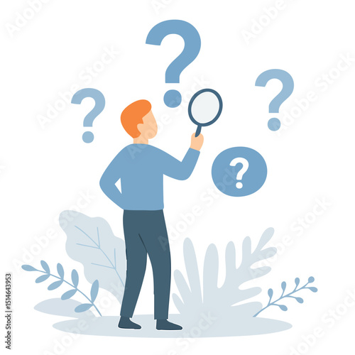 Flat Illustration Curious Man Examining Question Mark with Magnifier Icon