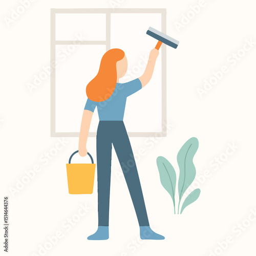 Flat Illustration Woman Cleaning Window with Squeegee and Bucket Housework