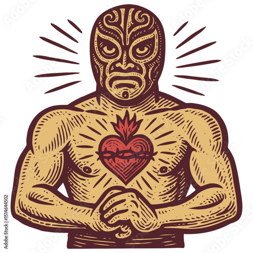 Mexican luchador wrestler in ornate mask, powerful pose. Sacred heart with flames & thorns on chest. Vintage linocut vector art. Strength, culture.
