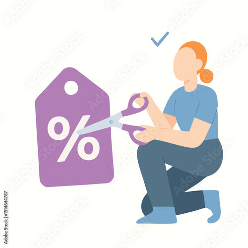 Flat Style Female Cutting Price Tag with Scissors Illustration
