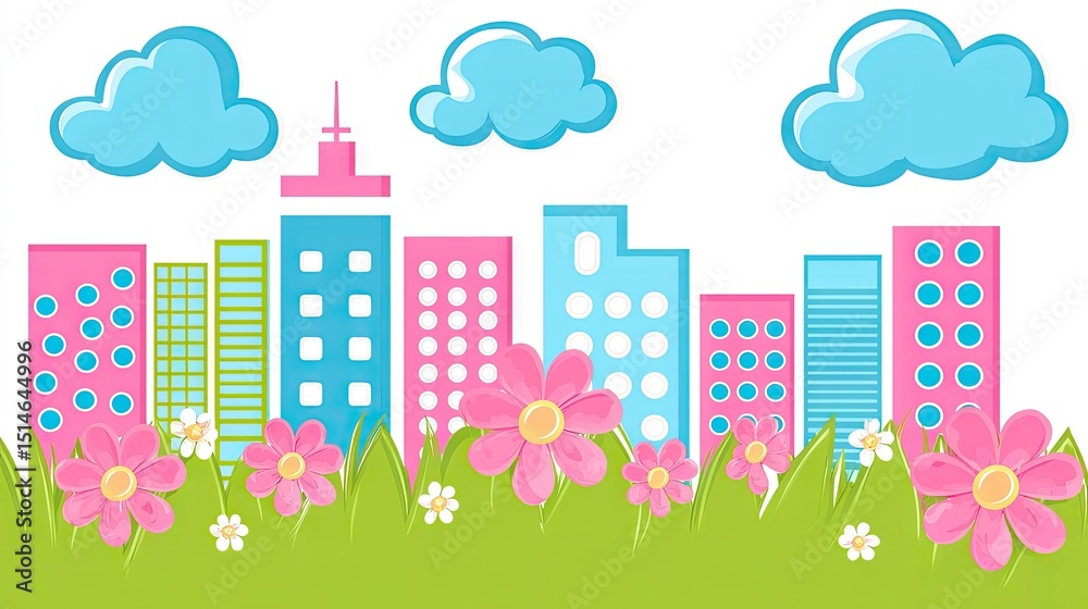 Fototapeta premium Colorful cityscape with flowers and clouds.