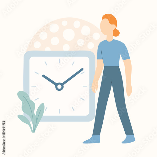 Flat Illustration Woman Walking Towards Clock Showing Time Management Concept