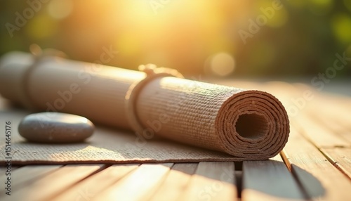 Yoga mat rolled on wooden deck