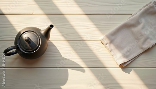 Black teapot casting shadow on light wooden table with beige napkin
