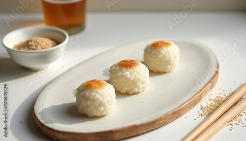 Grilled rice balls on ceramic plate
