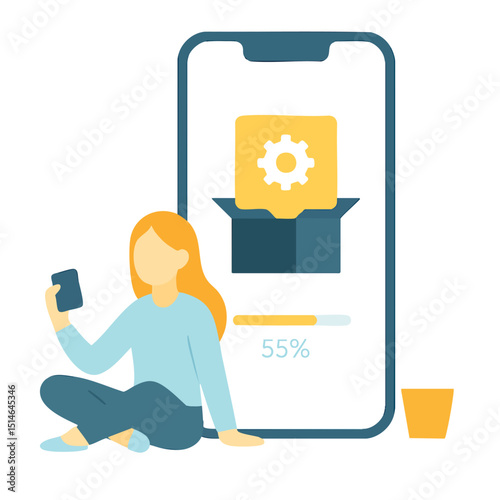 Flat Style Woman With Smartphone Downloading App On Mobile Phone