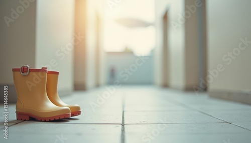 Yellow rubber boots with red accents on tiled floor
