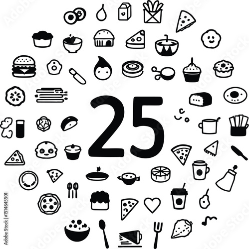 Diverse Food and Drink Vector Icon Collection: Hand-Drawn Doodle Style with 25 Culinary Elements for Menus and Restaurant Themes.

