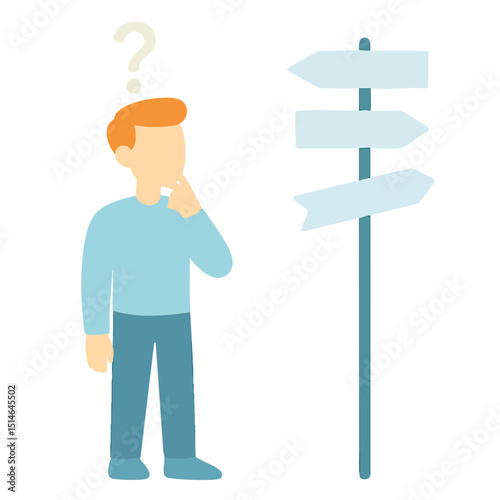 Flat Style Thinking Man with Signpost Seeking Direction in Decision Concept