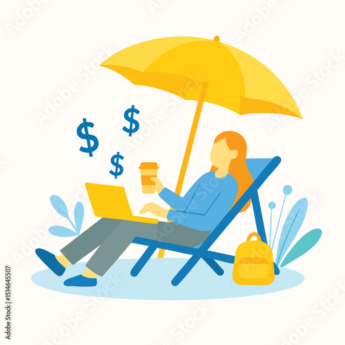 Flat Illustration of Freelancer Woman Working on The Beach Relaxing