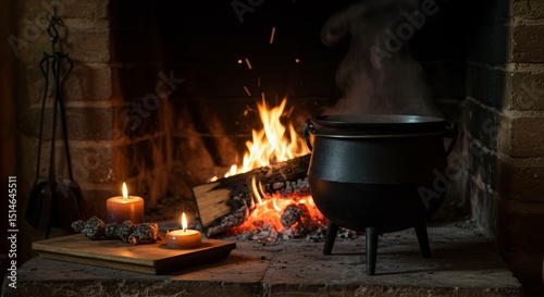 Witch cauldron steaming on fireplace with candles for Halloween