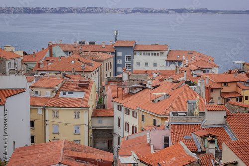 Piran town close view with Piran bay and Savudrija in the background