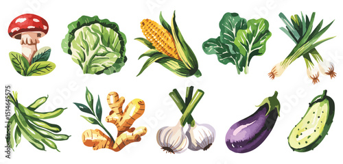 Watercolor Illustration of Fresh Vegetables and Herbs for Healthy Eating
