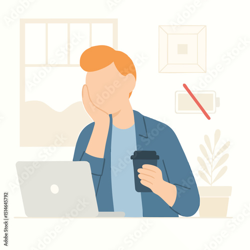 Flat Illustration of a Tired Man Working From Home Lifestyle