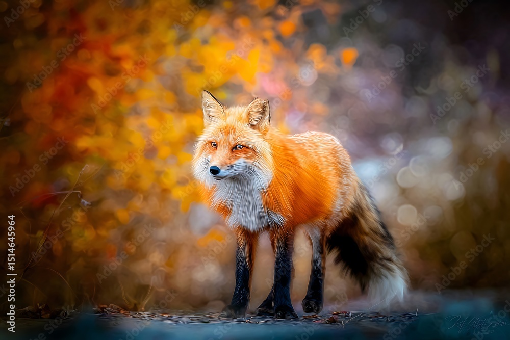 Naklejka premium Autumn fox in colorful blurred background
