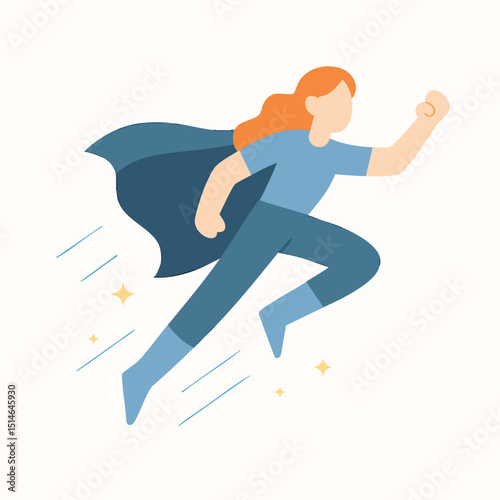 Flat Style Detailed Superhero Woman Flying Upward Character Illustration