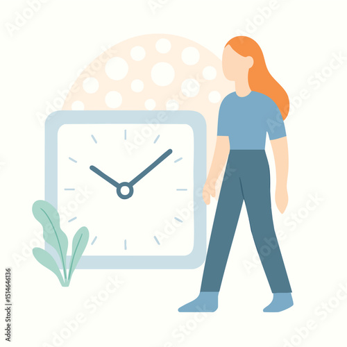 Flat Design Woman Walking Next to Clock Symbol Illustration Graphic
