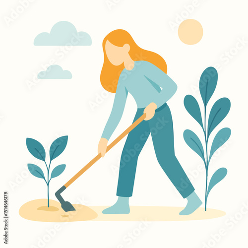 Flat Illustration of Woman Gardening with Hoe, Planting Seedlings Activity
