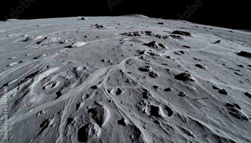 A close-up shot of the moon's surface, showcasing craters and a barren landscape against a black sky. This image captures the textures of the moon, inviting curiosity about our celestial neighbor