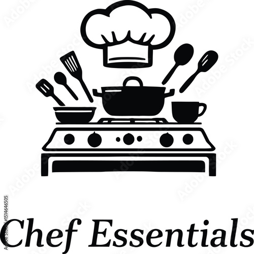Chef Essentials Vector Icon: Culinary Tools with Cooking Pot, Stove, Utensils, and Chef Hat for Restaurant and Kitchen Branding.

