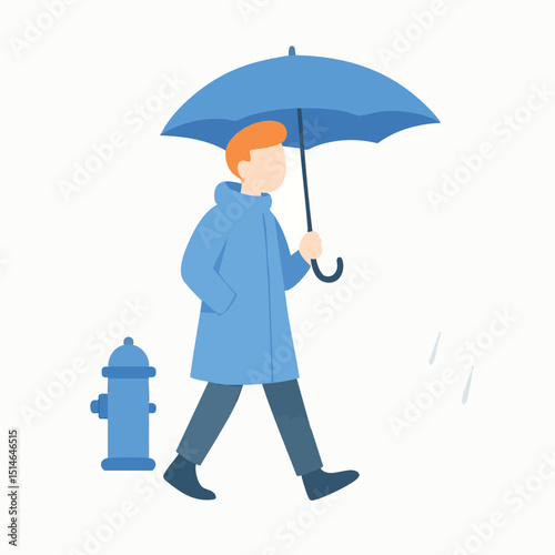 Flat Style Walking Man with Umbrella and Rain Illustration Design
