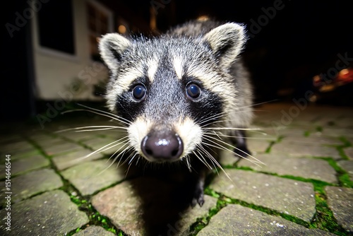 Curious raccoon close up evening encounter