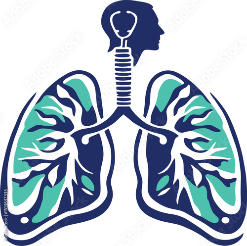 Human Respiratory System Vector: Stylized Medical Illustration of Head, Trachea, and Lungs in a Two-Tone Design for Health and Breathing Concepts.

