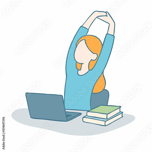 Simple Line Art Woman Stretching at Desk During Break Illustration