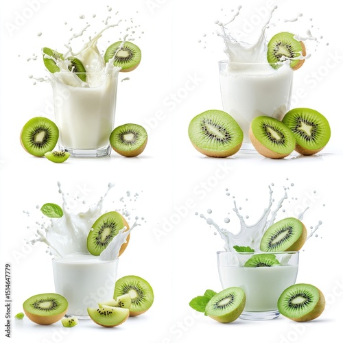 Kiwi fruit splashing with milk, isolate on white background. Mix Collection.