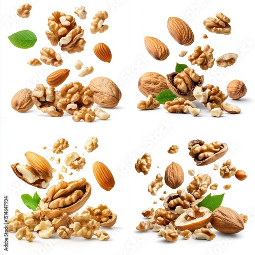 Walnuts flying mid-air, isolate on white background. Mix Collection.