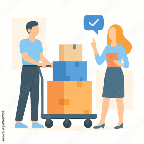 Flat Style Young People Moving Boxes with Trolley Illustration Design