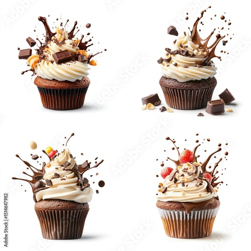 Circular chocolate milk splashing swirl with cupcake, isolate on white background. Mix Collection.