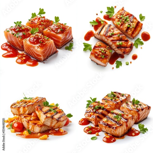 Grilled tuna splashing, tomato ketchup, isolate on white background. Collection.