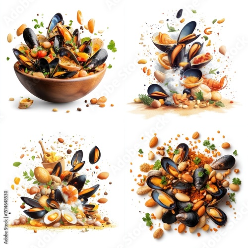 Mussels flying, spices and herbs, isolate on white background. Collection.