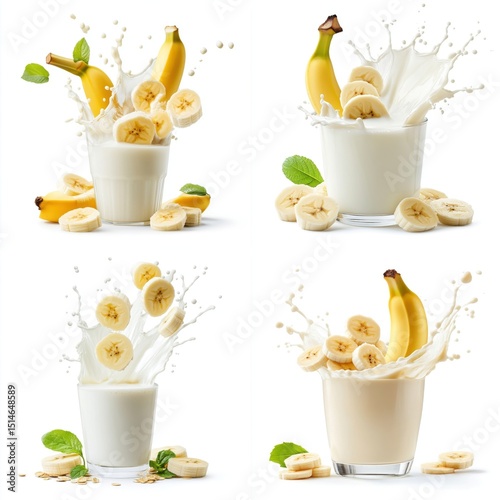 Banana slices splashing into milk, creamy and fresh, isolate on white background. Mix Collection.