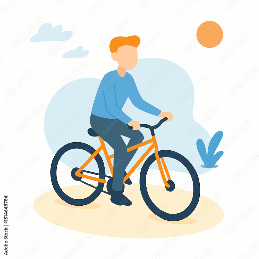 Fototapeta premium Simple Flat Illustration of a Man Riding Bicycle Outdoor Activity