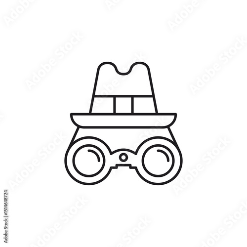 Espionage icon with a hat and binoculars in black and white line drawing for spythemed designs. Perfect for secret agentthemed projects.