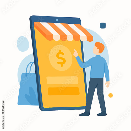 Flat Illustration Online Mobile Shop with Person and Shopping Bag Concept