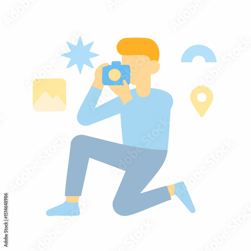 Minimalist Flat Style Man Kneeling Holding Camera Profession Illustration