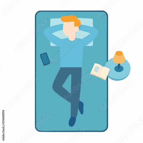 Flat Illustration of a Man Relaxing on Mattress for Leisure Activity