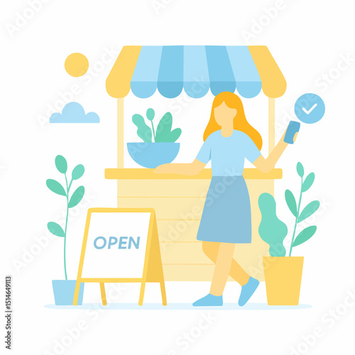Flat Illustration of Cheerful Woman Shopping at Local Market Storefront Shop