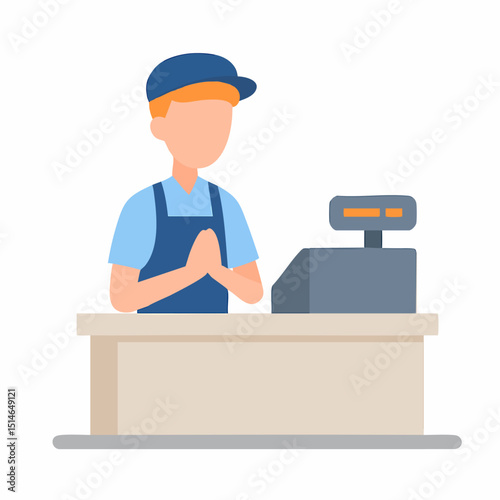 Flat Design Man Cashier Character Illustration with Counter Table Element