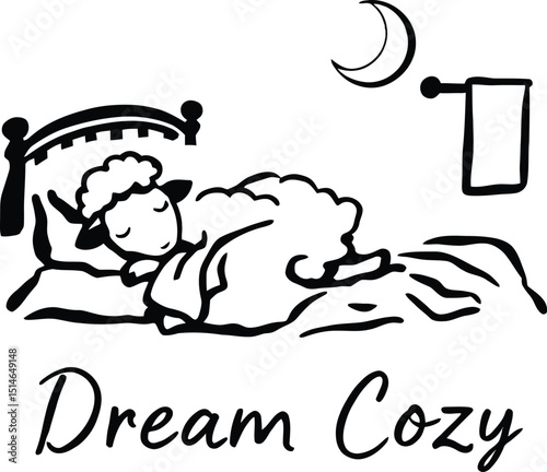 Cozy Sleeping Sheep Vector Illustration: Adorable Cartoon Animal Dreamily Asleep in Bed Under a Crescent Moon with "Dream Cozy" Text.

