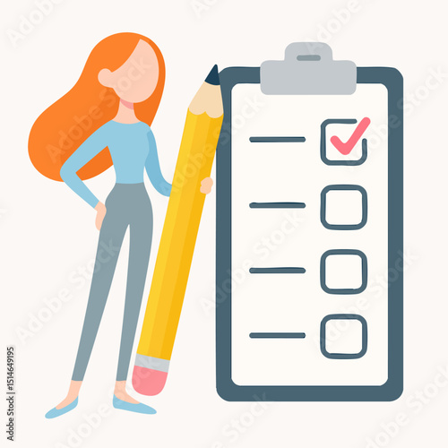 Flat Style Detailed Woman with Pencil Completing Checklist Form Illustration