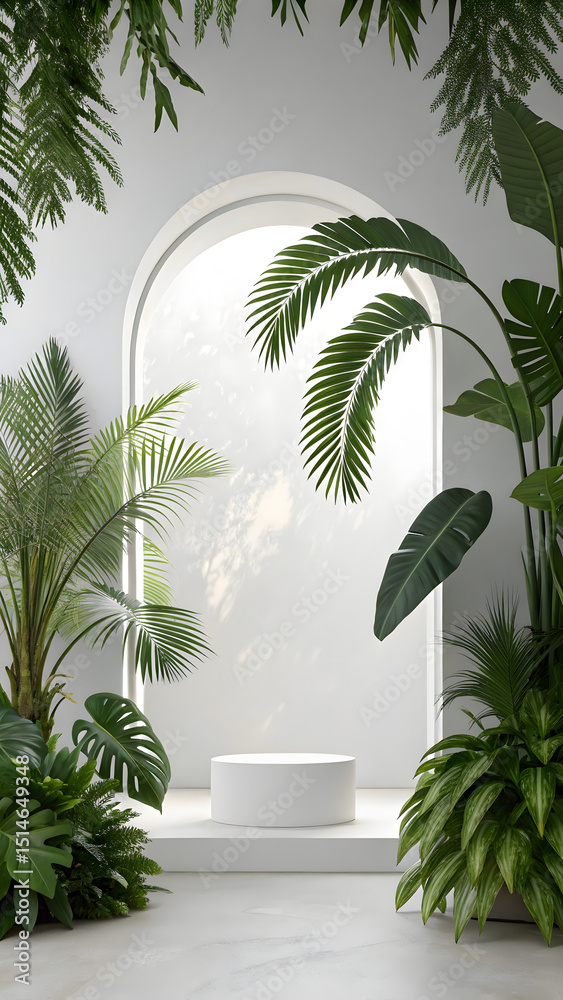 Obraz premium Green leaf frame with white podium 1