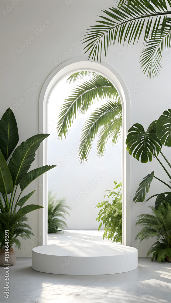Fototapeta premium Green leaf frame with white podium
