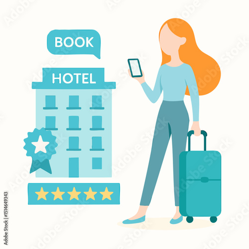 Flat Style Hotel Booking Illustration with Woman Holding Phone and Luggage